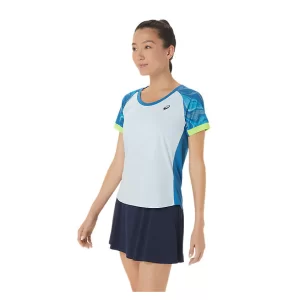 Asics Women Court Graphic SS Top Reborn Blue Sky - damska koszulka tenisowa